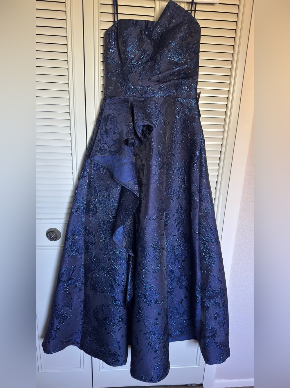 Xscape Evenings Strapless Navy Blue Jacquard Ball Gown